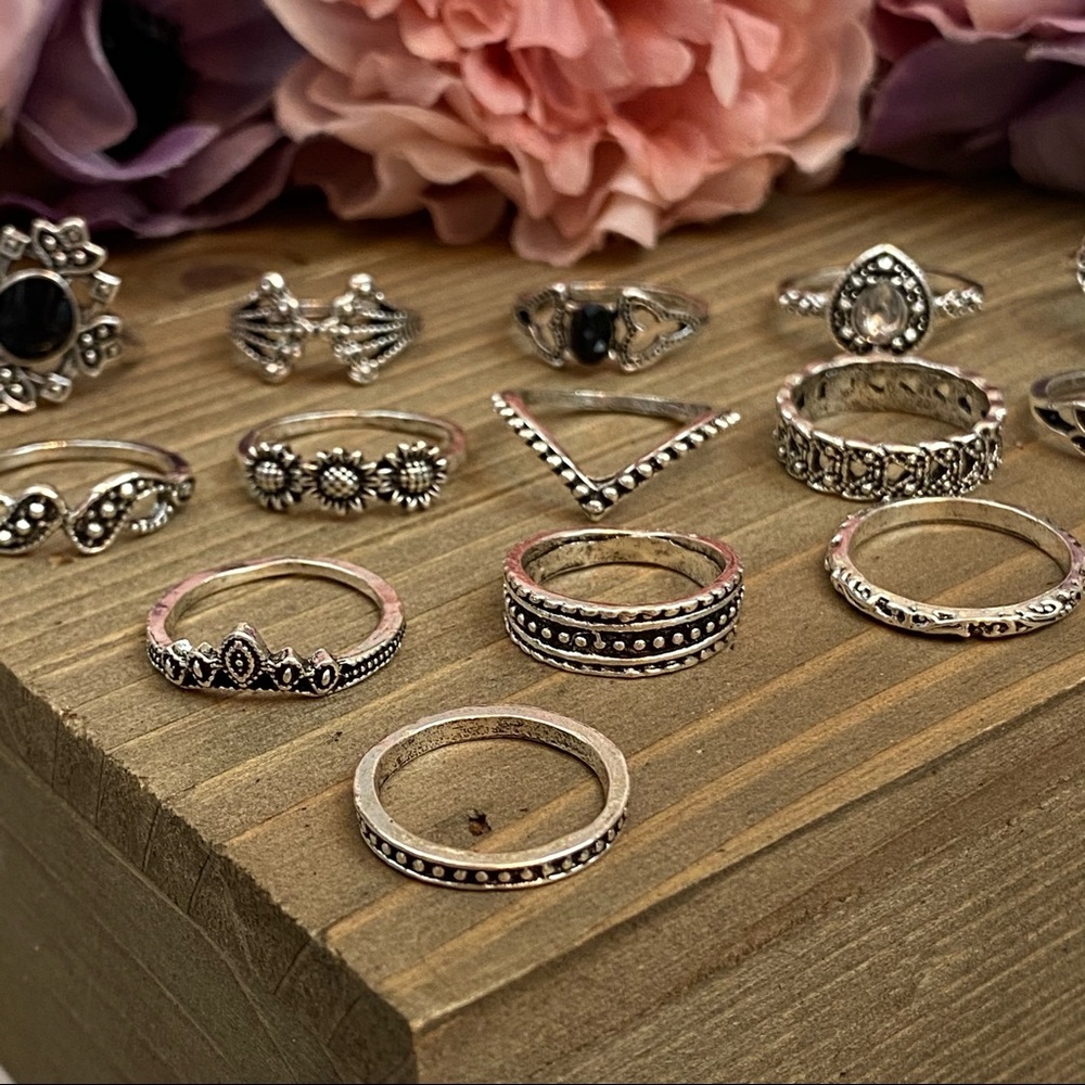 15 Pcs Boho Retro Vintage Crystal Gem Ring Set - Picture 12 of 16